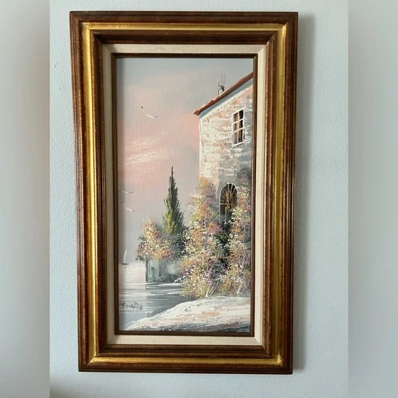 Vtg Oceanside Villa Pastel Floral Oil Painting On Canvas Signed Wood Frame - Picture 2 of 8